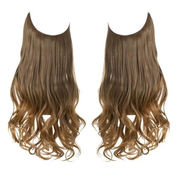 Halo Hair Extensions Ombre Brown to Golden Wavy Curly Synthetic Hair Piece 18" - Picture 2 of 6